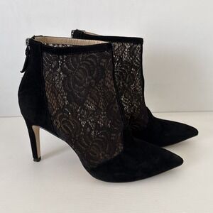 BCBG Maxazria Ankle Booties Size 8 38 Black Leather Floral Lace Pointed Toe